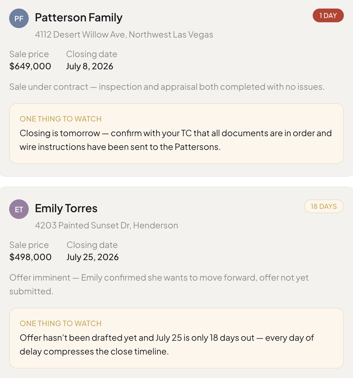 Edge closings view: two active deals with days-remaining countdowns and one thing to watch on each