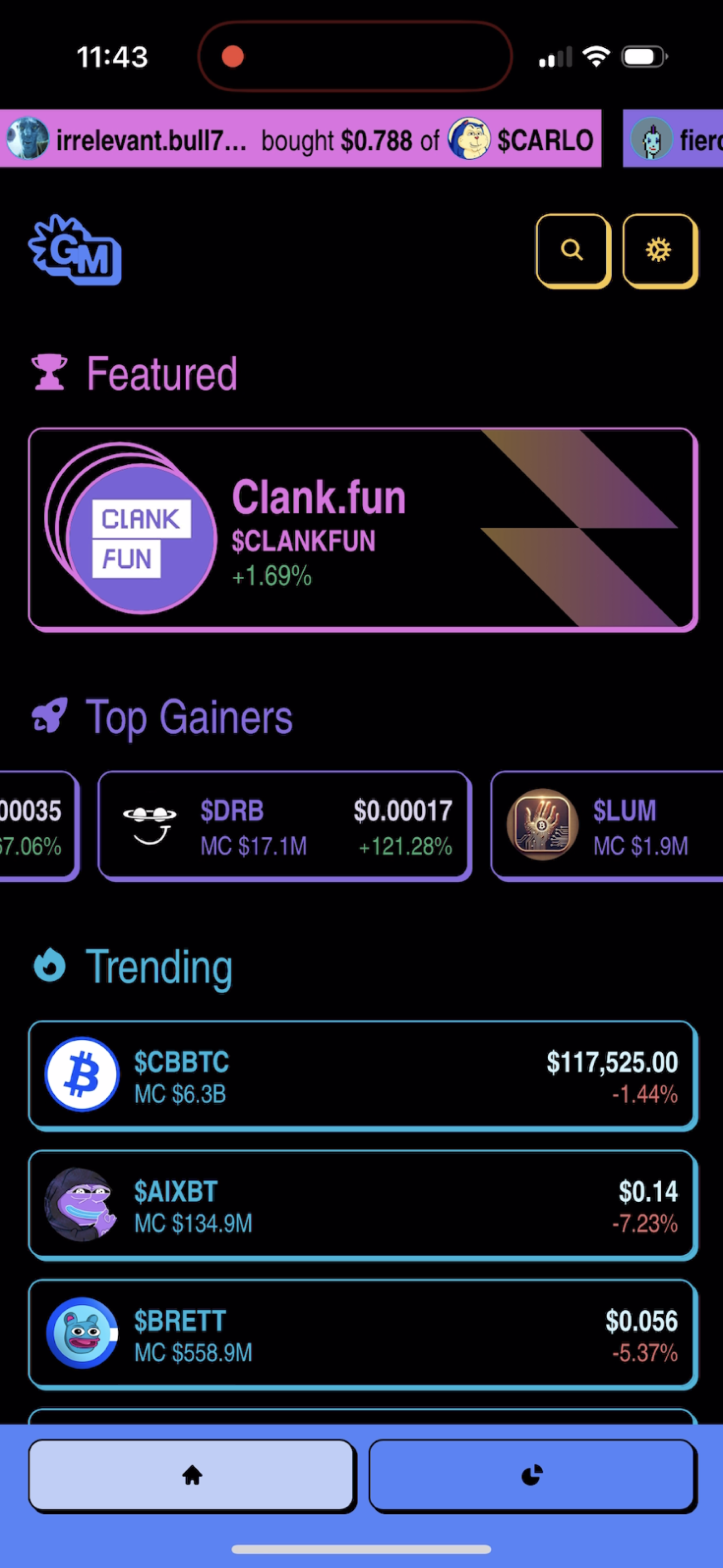 Gains.meme mobile app interface showing trending tokens